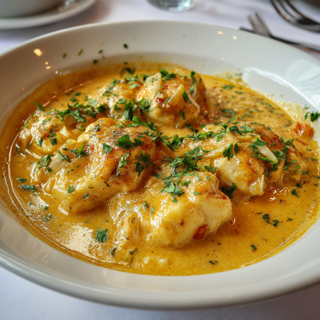 Un plat savoureux de cabillaud mijoté avec une bisque de homard.