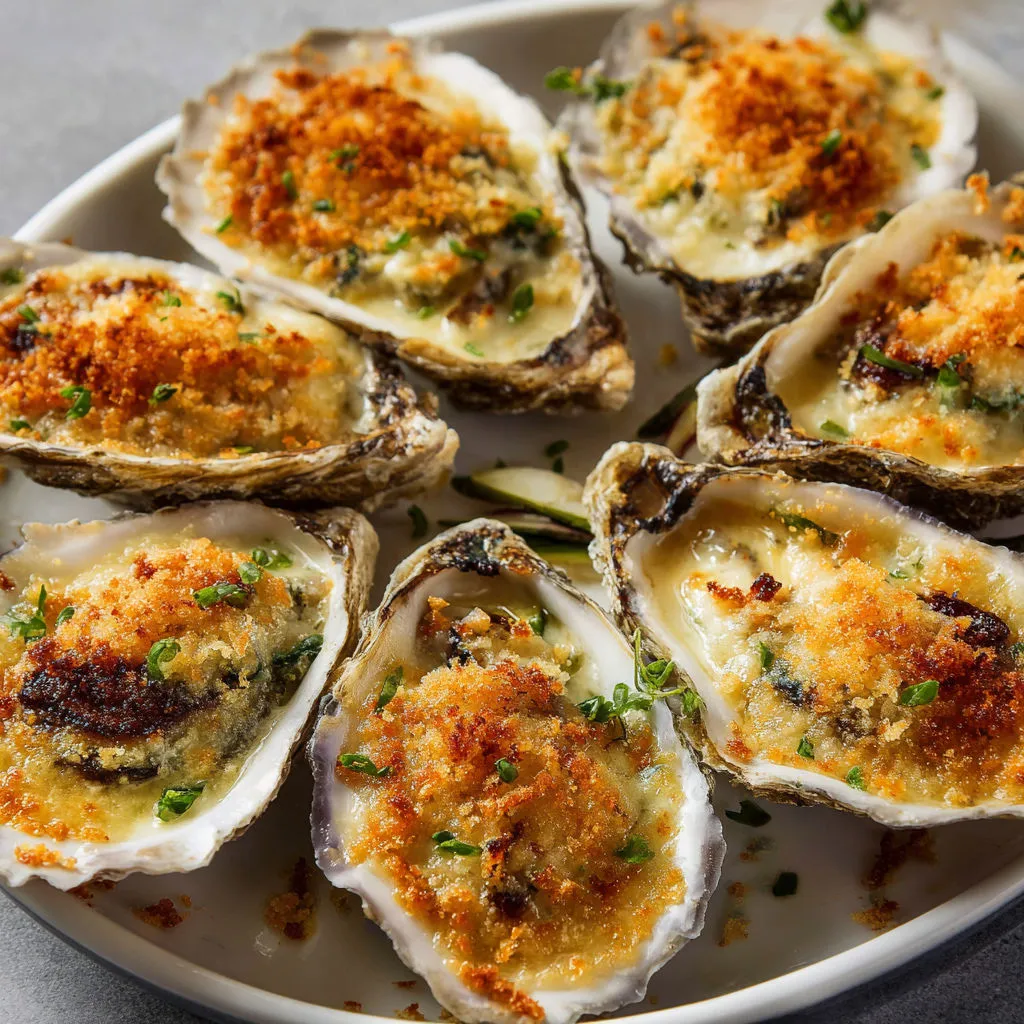 Huîtres tout juste sorties du four, sauce crémeuse et gratin doré