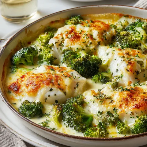 Un gratin moelleux de poisson et brocolis avec une fine croûte dorée.