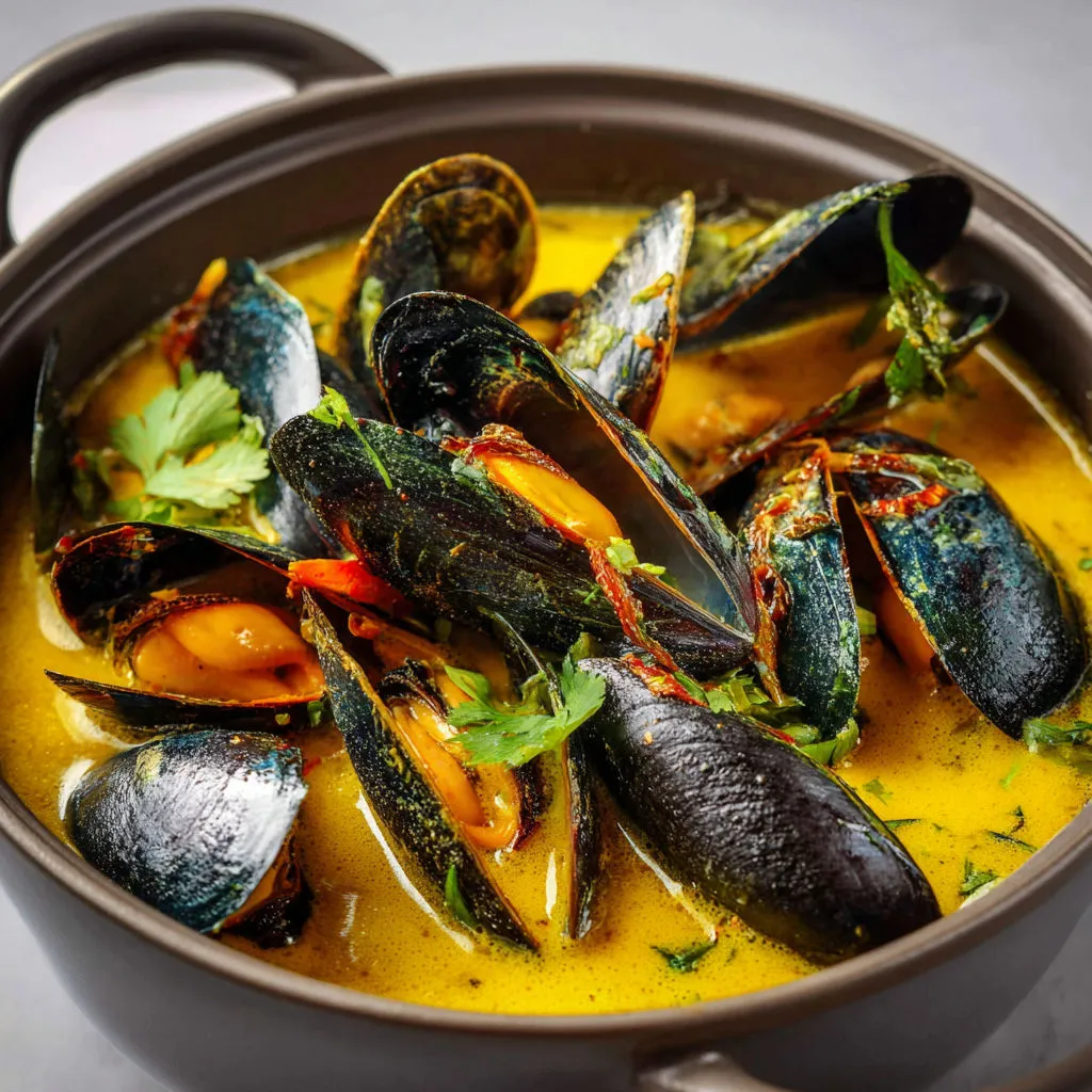 Moules chaudes et parfumées dans une soupe crémeuse, accompagnées d'herbes