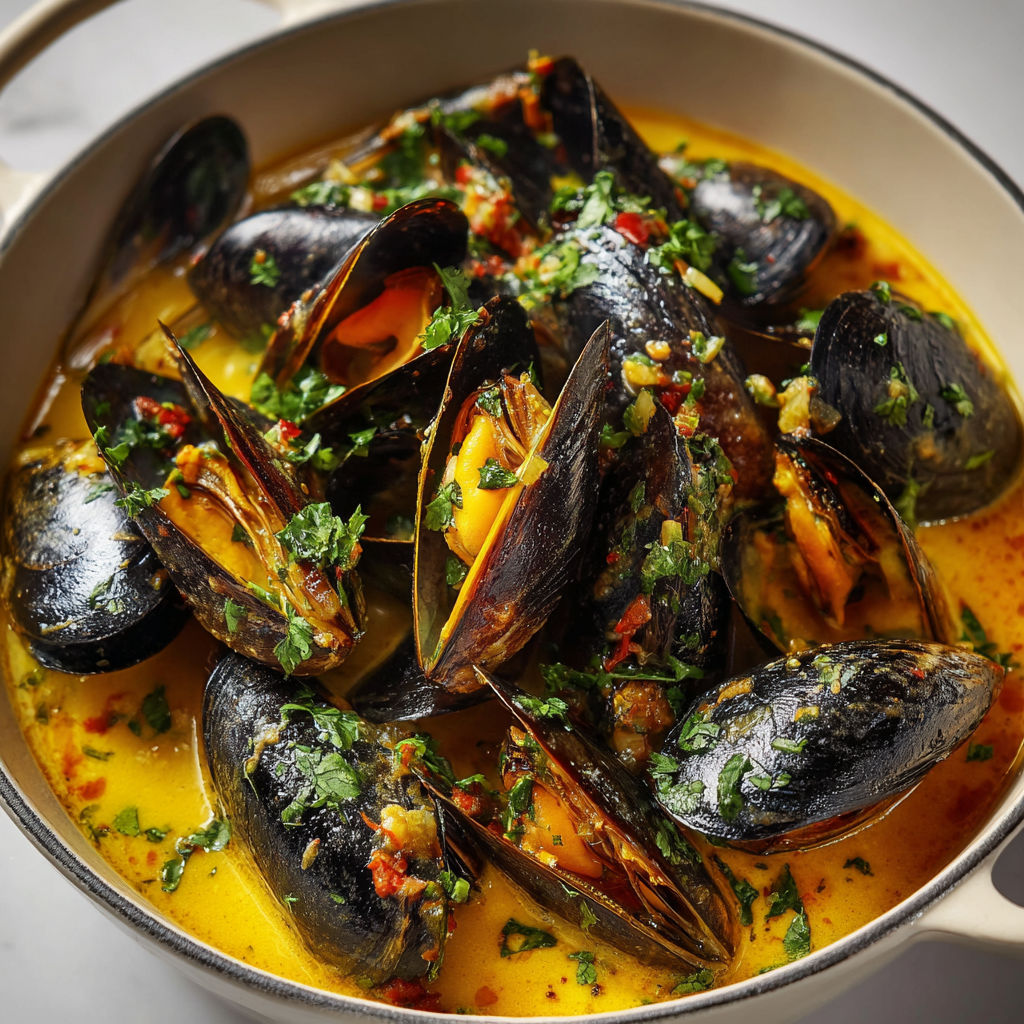 Soupe aux moules et herbes fraîches.