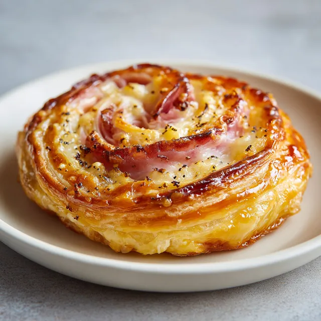 Une feuilletée dorée et savoureuse au fromage et au jambon, prête à servir.
