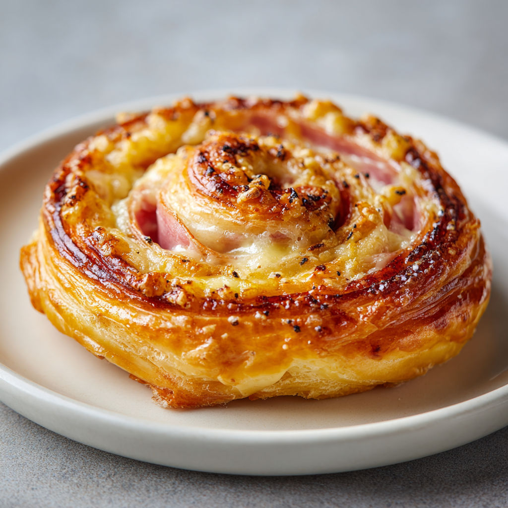 Feuilleté roulé jambon fromage avec une belle croûte dorée, cœur tout fondant parfait pour l’apéro.