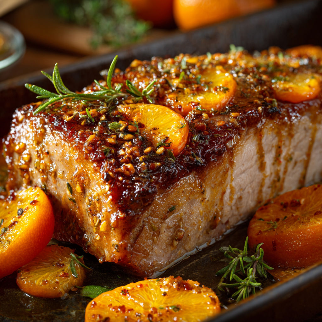 Porc tendre grillé avec clémentines caramélisées.