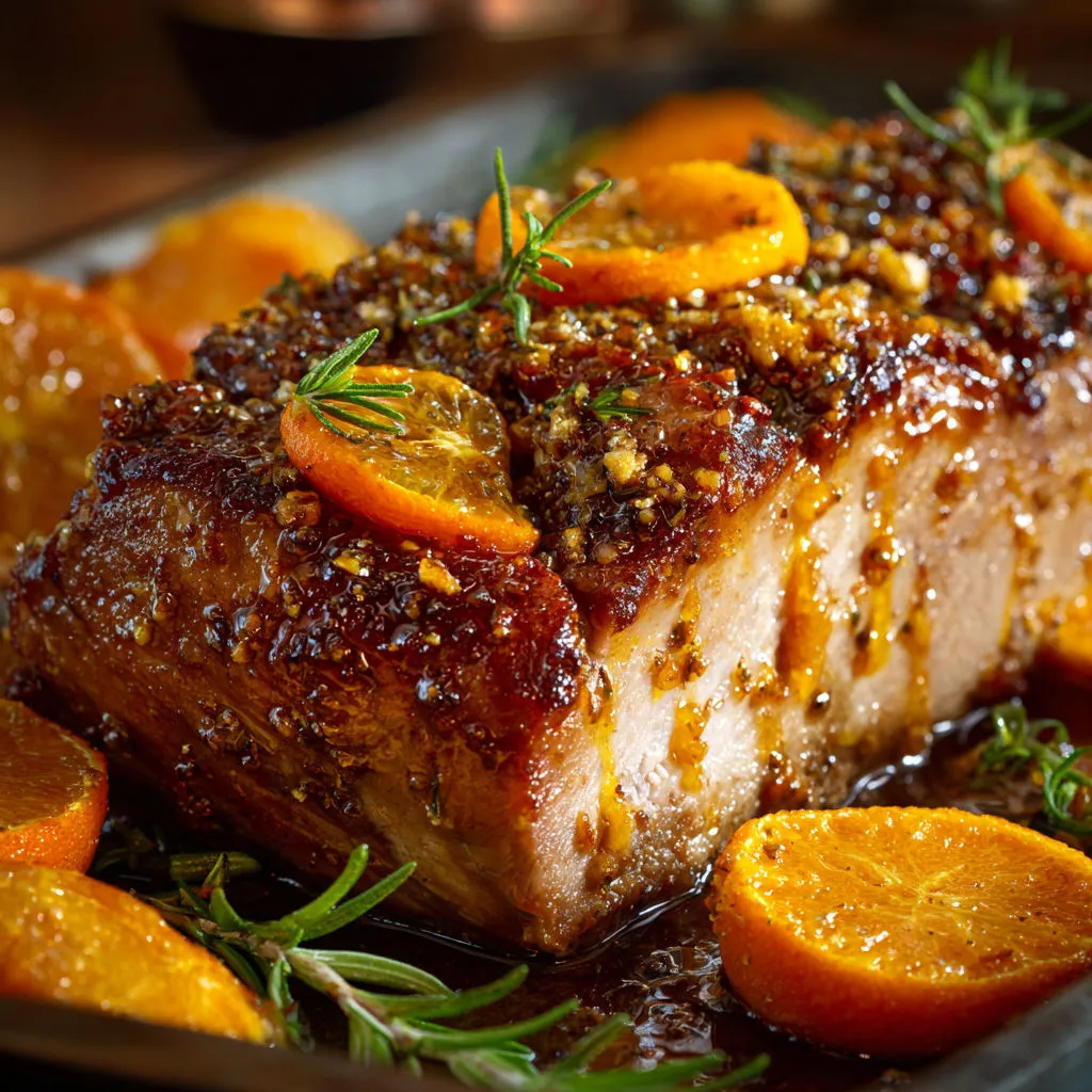 Porc rôti doré au miel et clémentines.