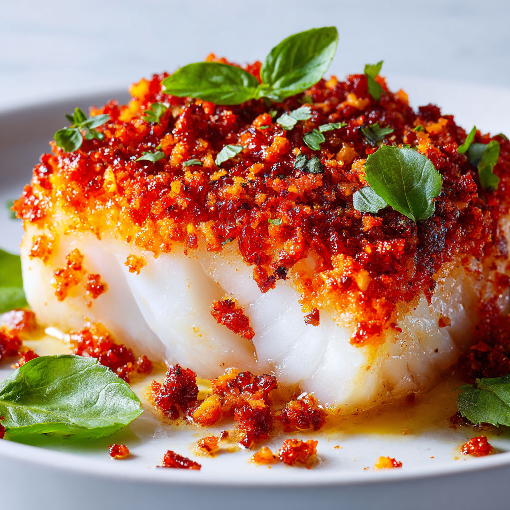 Plat de cabillaud en croûte au chorizo, joliment présenté.