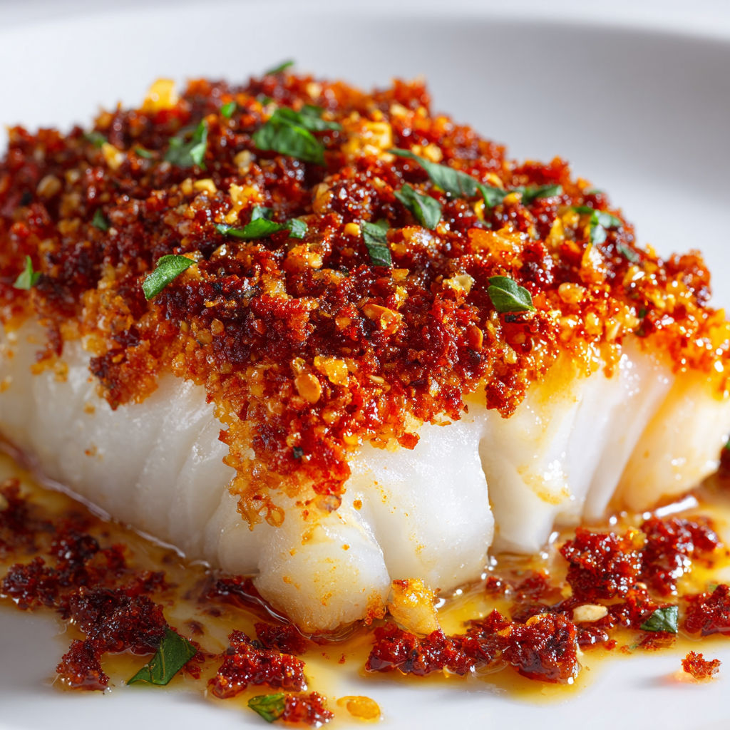 Pavé de Cabillaud Ci-dessus Croûte de Chorizo Dorée et Parmesan Fondant.