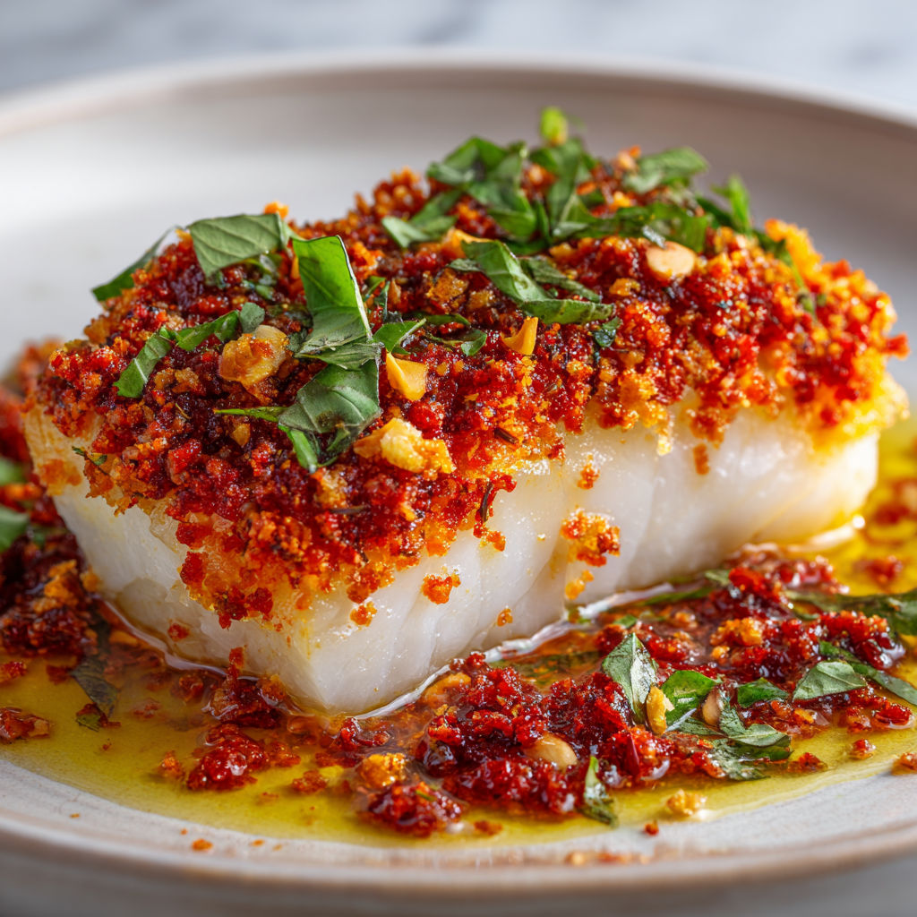 Filet de Cabillaud en Croûte de Chorizo aux Herbes et Pignons Croquants.