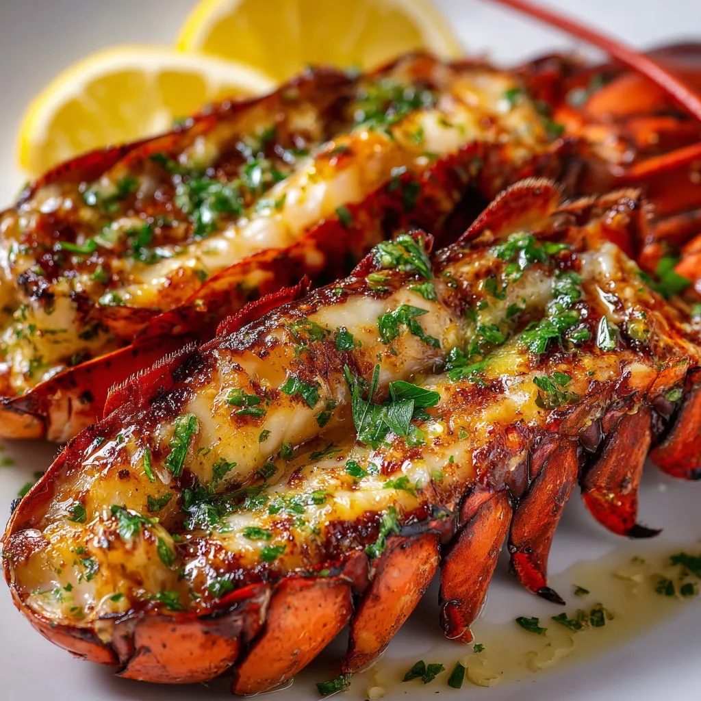 Homard grillé nappé de beurre aux herbes fraîches, servi avec des citrons en tranches.