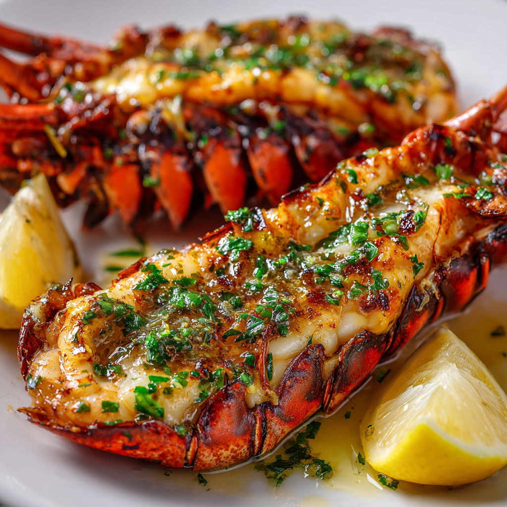 Un homard grillé avec herbes fraîches et rondelles de citron.