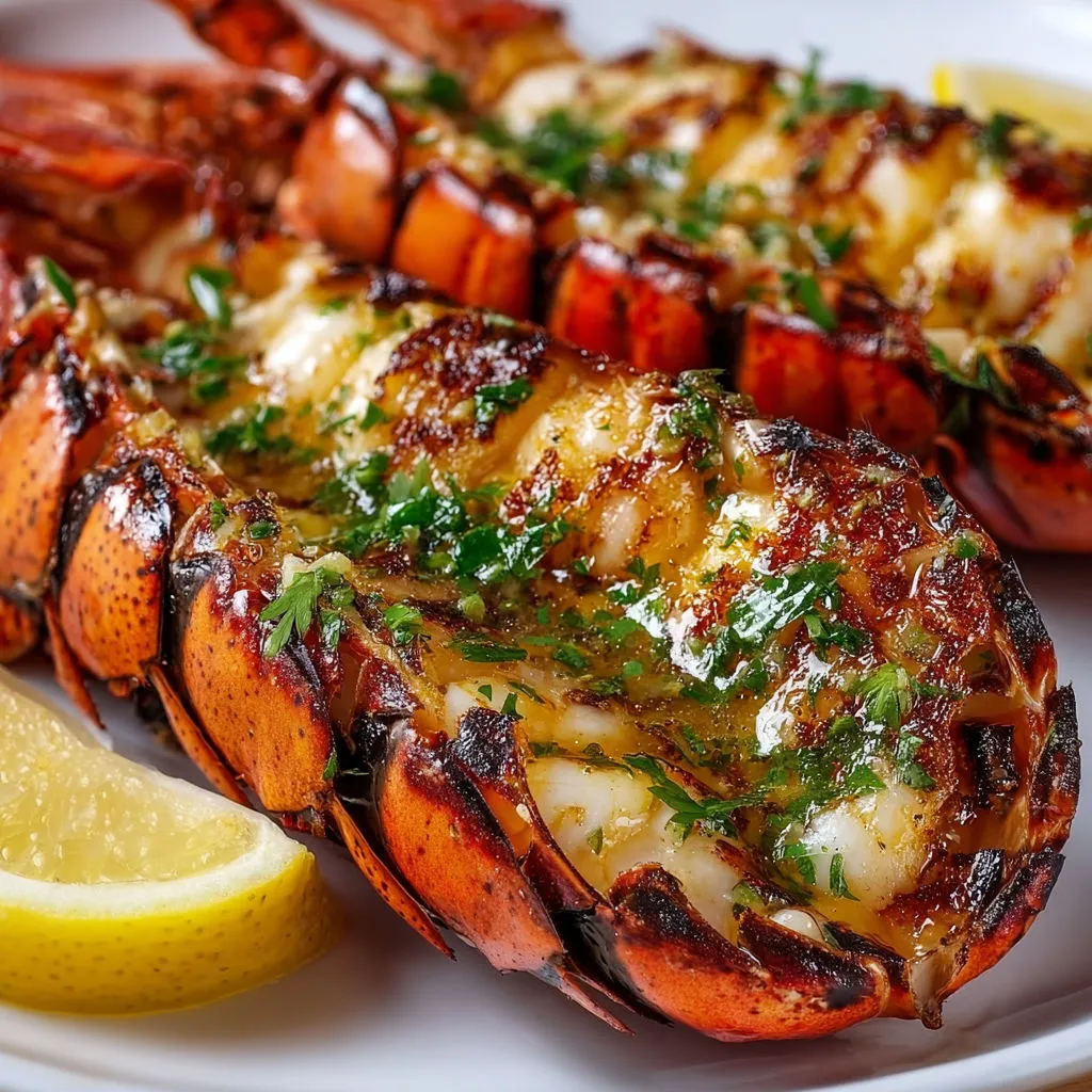 Homard grillé sur plateau, beurre aux herbes et citron à côté.