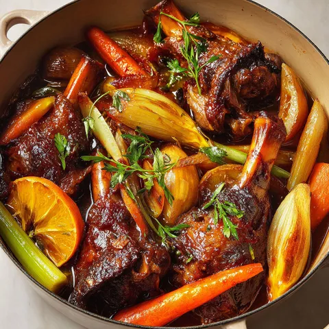 Des jarrets d'agneau caramélisés au miel de sarrasin servies avec des légumes.