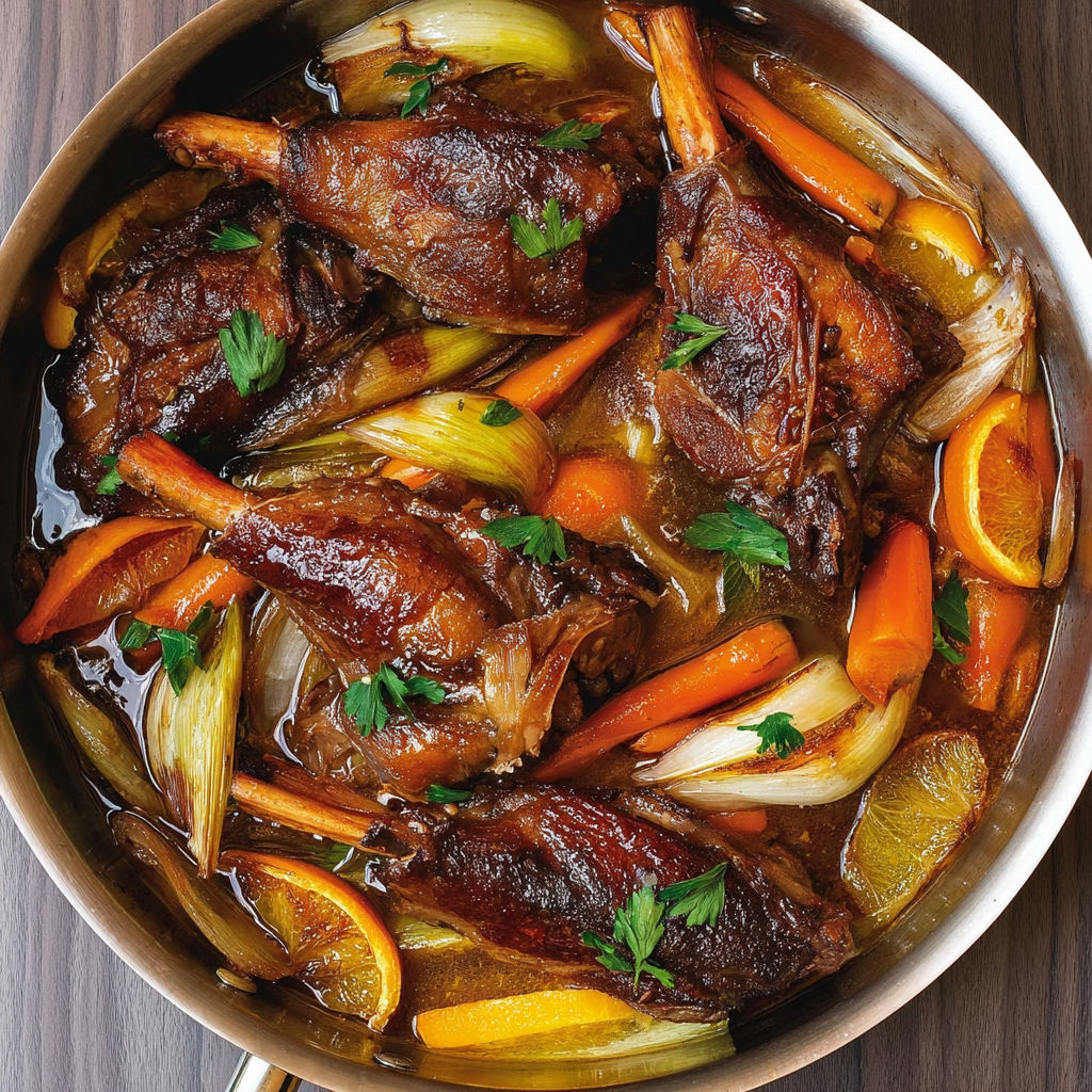 Jarret d’agneau longuement mijoté au miel et agrumes.