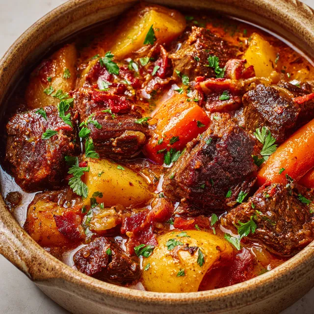 Un délicieux plat mijoté de bœuf avec légumes et herbes dans un bol rustique.