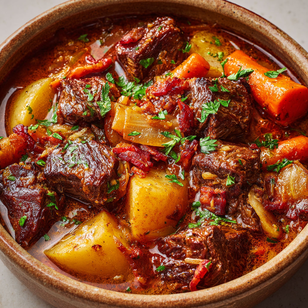 Plat de bœuf mijoté généreux avec légumes et vin rouge.
