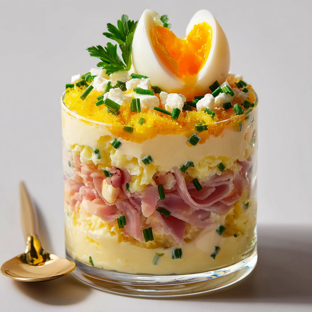 Verrine fraîche façon mimosa à base de jambon, œuf et herbes.