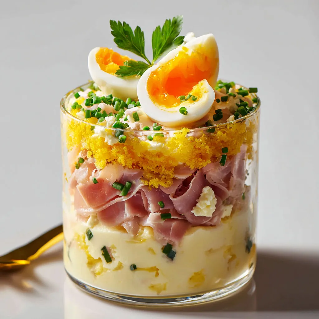 Mini verrines mimosa et jambon, super fraîches et savoureuses.