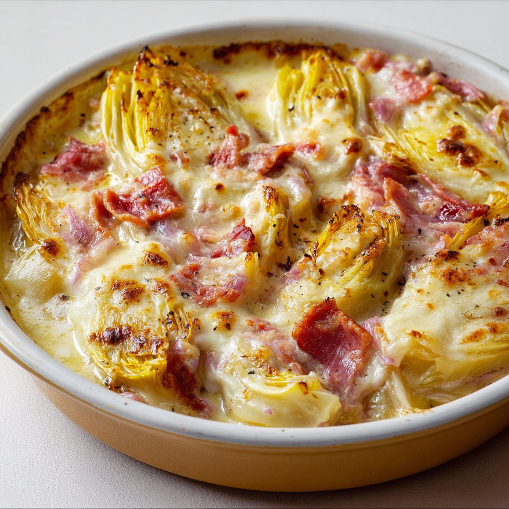 Un gratin d'endives aux lardons dans un bol rustique en céramique.