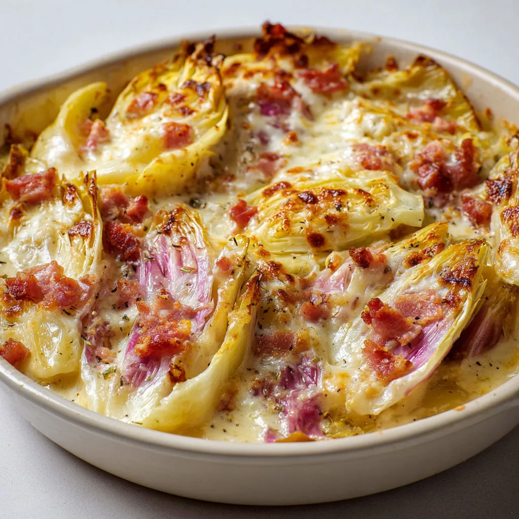 Endives fondantes sous un reblochon gratiné.