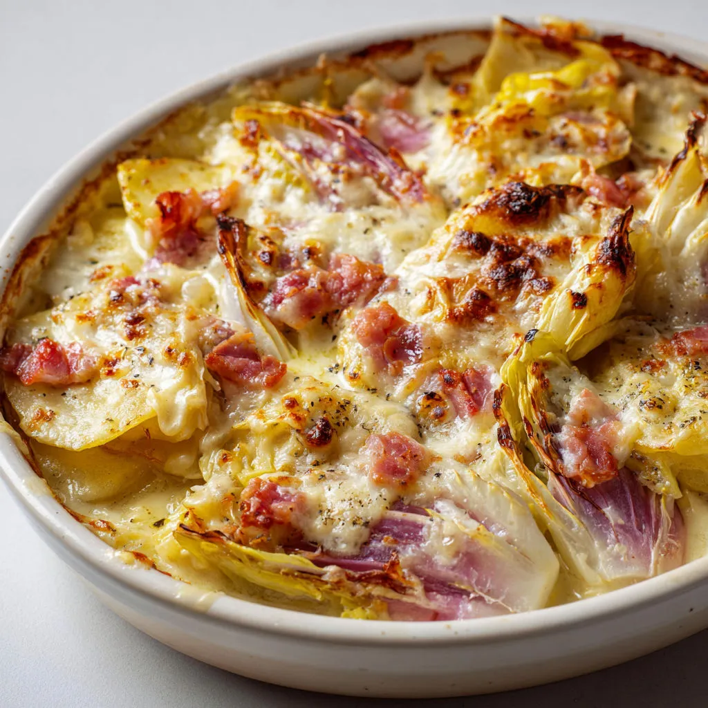 Endives bien rôties avec reblochon coulant et lardons dorés.