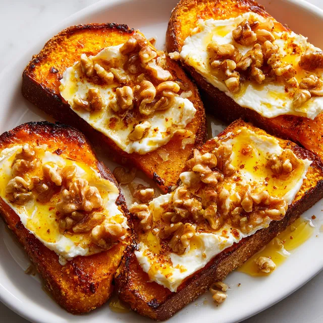 Toast de butternut et camembert décoré de noix, prêt à être dégusté.