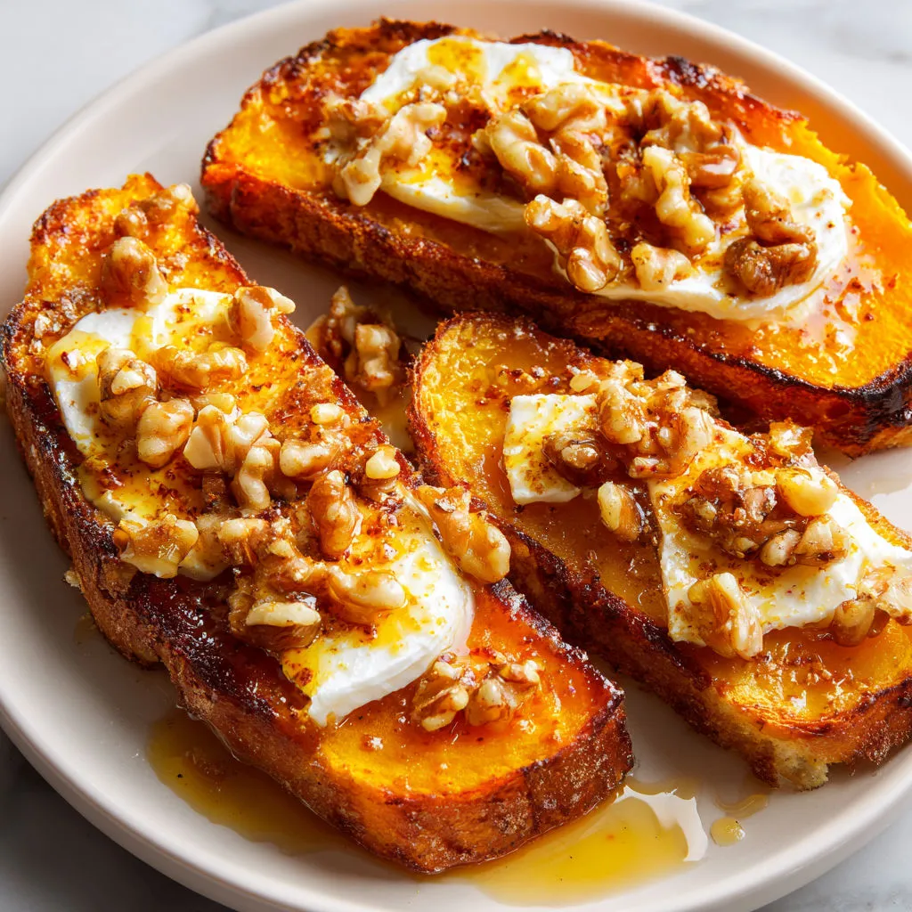 Butternut en tranches rôties, fromage fondant, noix croquantes.