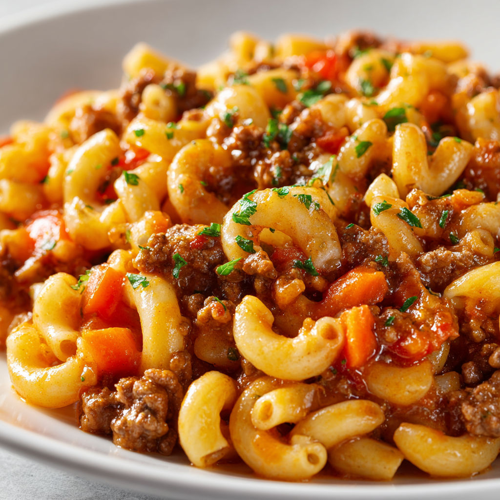 Assiette de macaroni avec viande, tomates et carottes, décorée d'herbes fraîches.