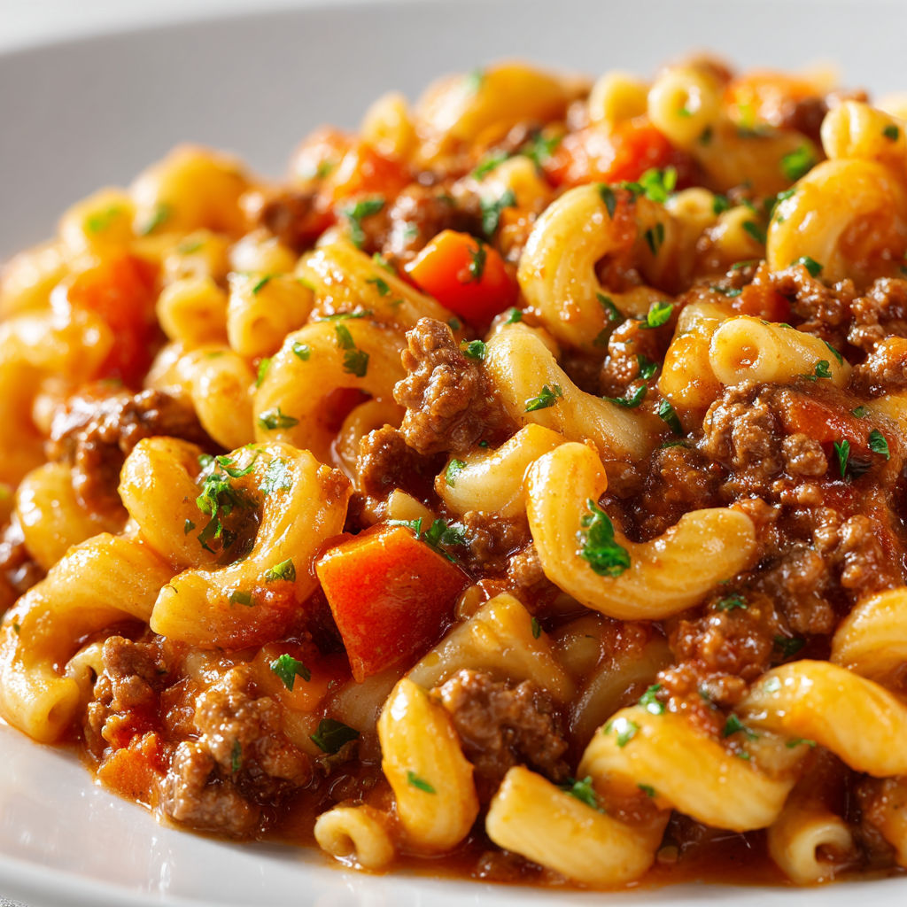 Une assiette de pâtes avec viande et légumes, parsemée d’herbes fraîches.
