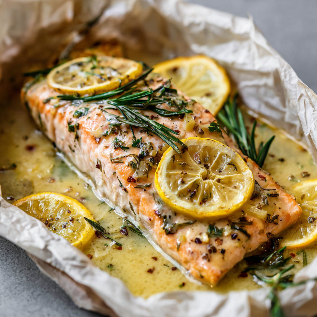 Un filet de saumon cuit en papillote avec agrumes et herbes fraîches.