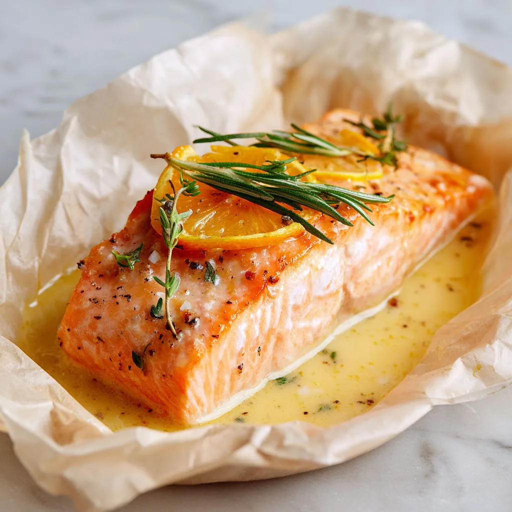 Saumon fondant enveloppé avec agrumes en papillote.