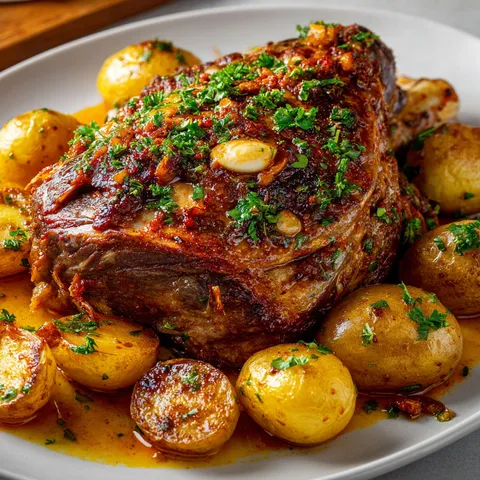 Un plat d'agneau tendre harissa entouré de pommes de terre parfaitement dorées, garni de persil frais.