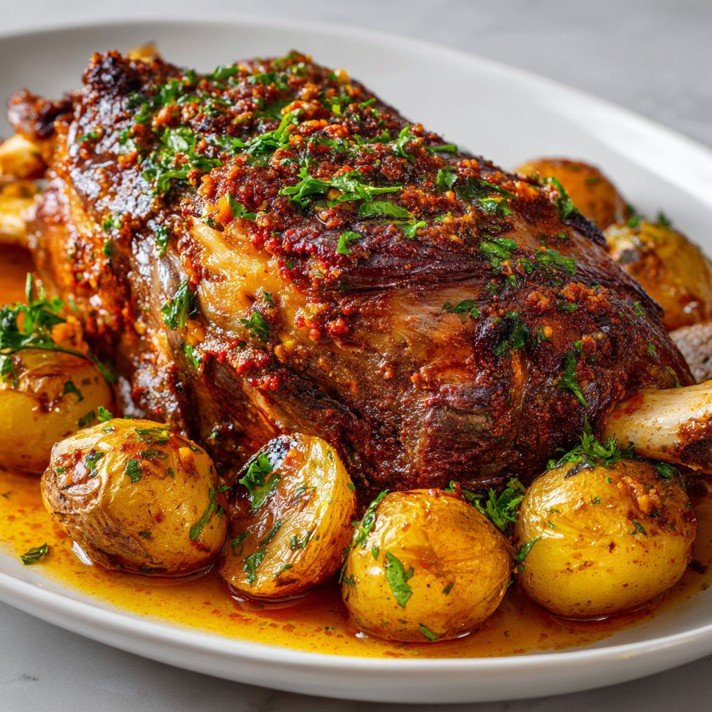 Gigot d’agneau aux épices et harissa, bien parfumé.
