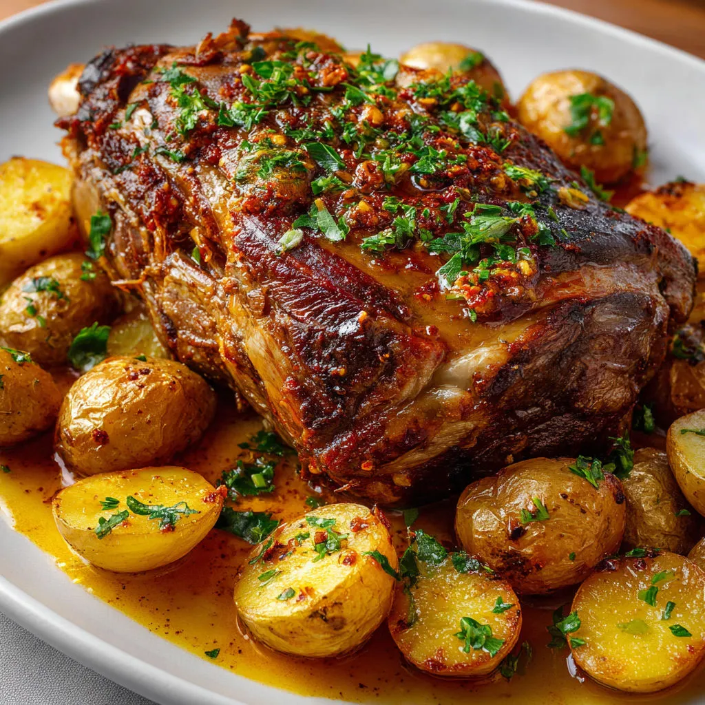 Tranche de gigot à la harissa dorée, cuisson longue.