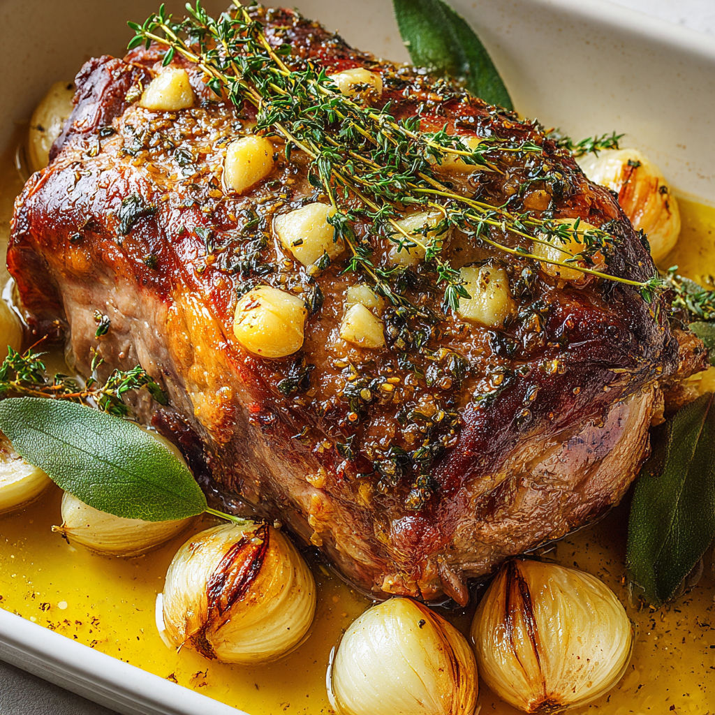 Gigot d'agneau aux herbes servi dans un plat en verre.