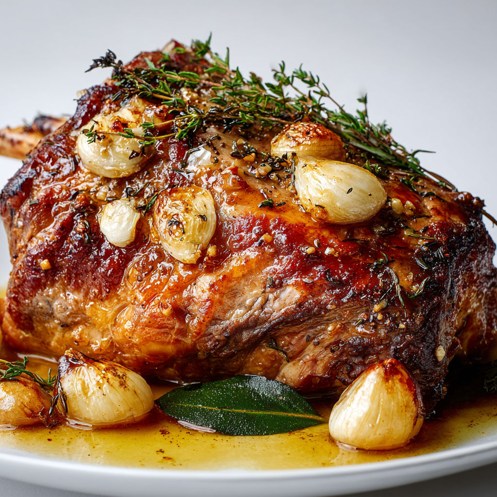 Gigot d’agneau doré, gousses d’ail confites et herbes du jardin.