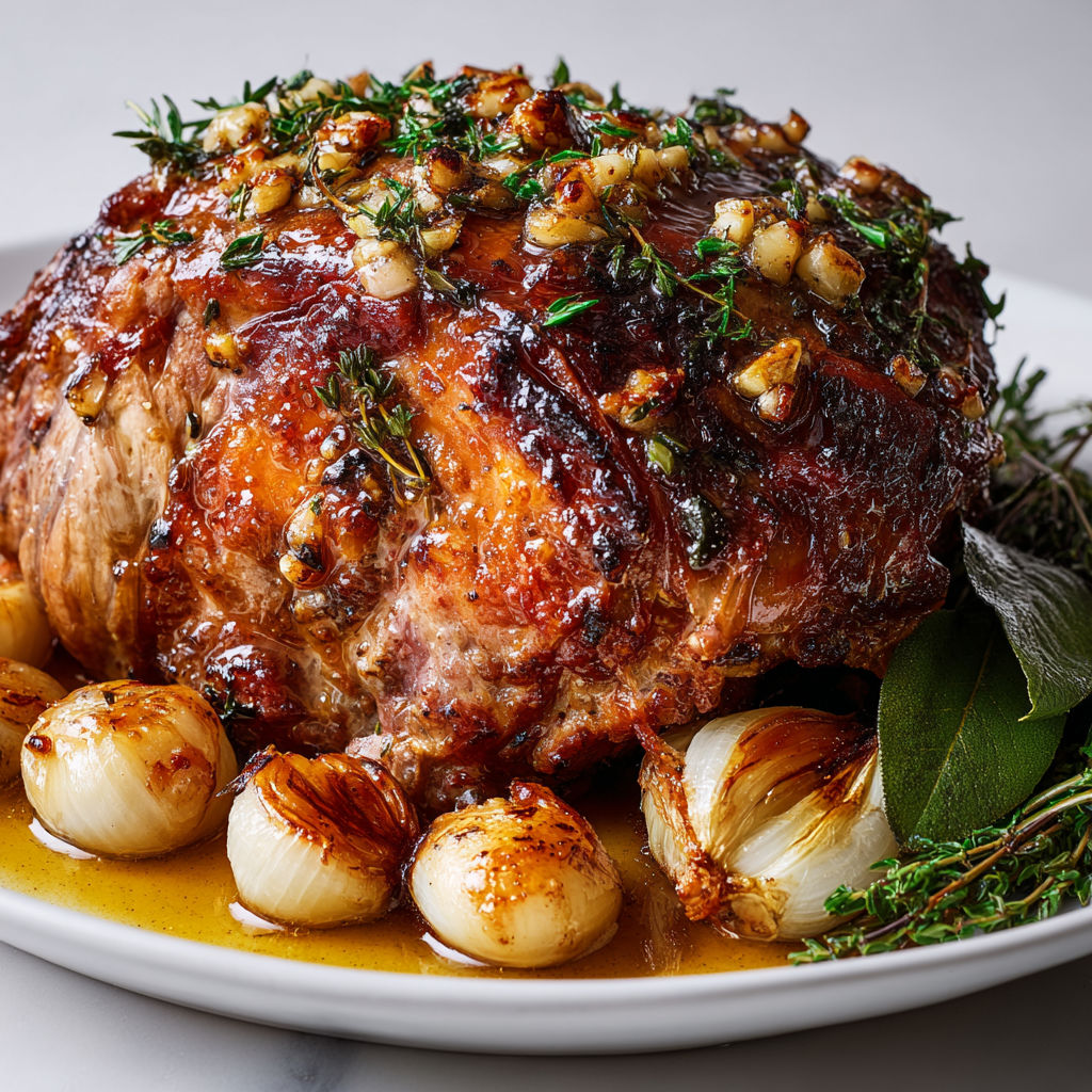 Épaule d’agneau bien juteuse, parfumée à l’ail blanchi et au beurre fondu.