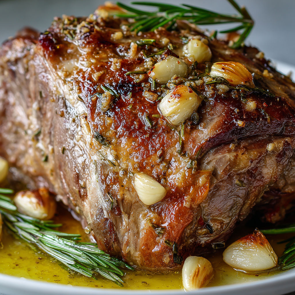 Gigot d’agneau au romarin, rôti doucement et arrosé de son jus.