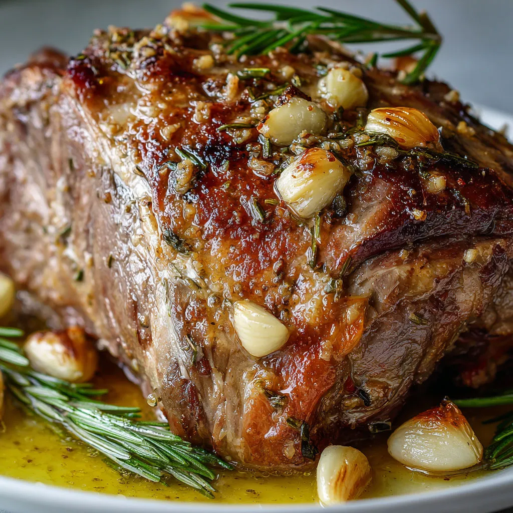 Gigot d’agneau au romarin, rôti doucement et arrosé de son jus.