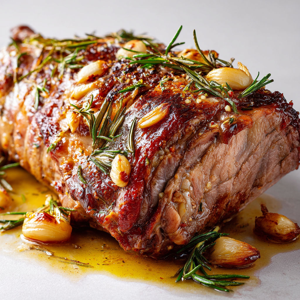 Gros gigot d’agneau rôti, gousses d’ail fondantes et branches de romarin fraîches sur le plat.