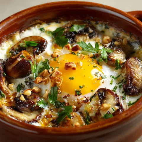Des œufs cocotte crémeux avec du brie, des champignons et une truffe.