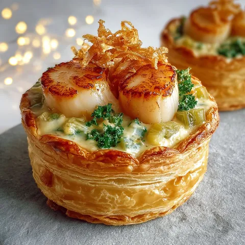 Une bouchée feuilletée avec Saint-Jacques, décorée de poireaux dorés et crème au beurre citronné.