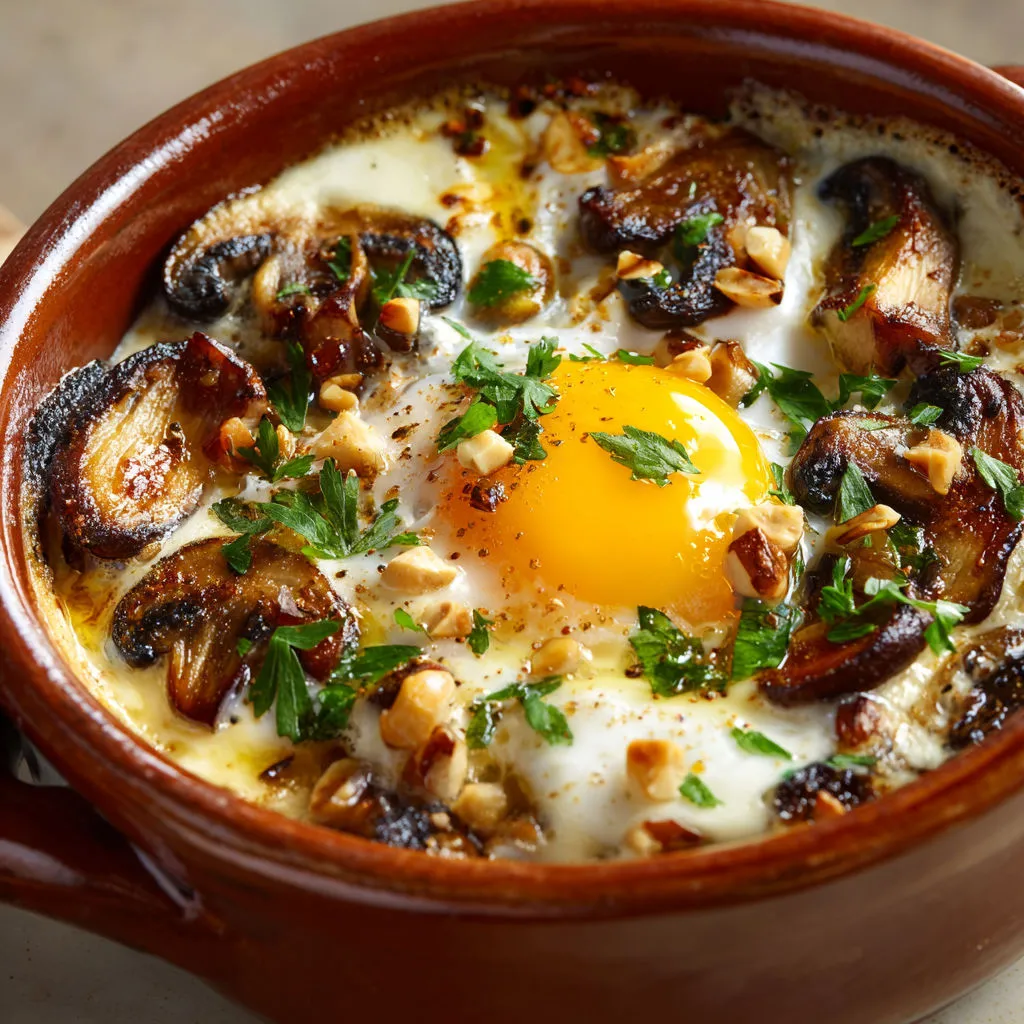 Œuf cocotte bien coulant, alliance parfaite truffe brie champignon