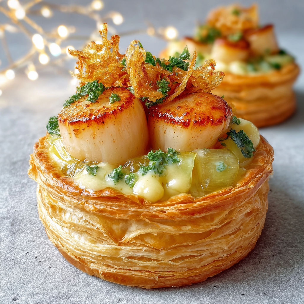 Saint-Jacques et poireaux dans un vol-au-vent croustillant, gourmand pour les fêtes.