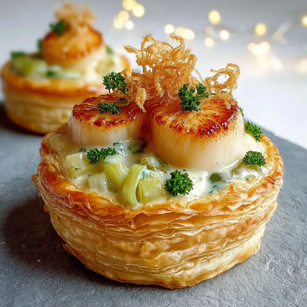 Un vol-au-vent aux Saint-Jacques posé sur la table, entouré de poireaux et nappé d’une crème citronnée.
