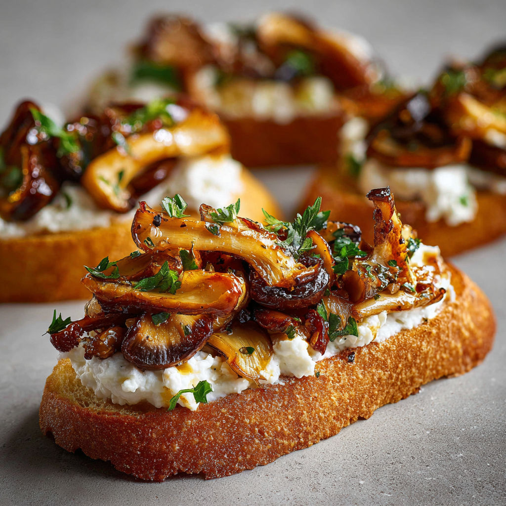 Crostinis aux champignons marinés et feta pour un apéro gourmand.