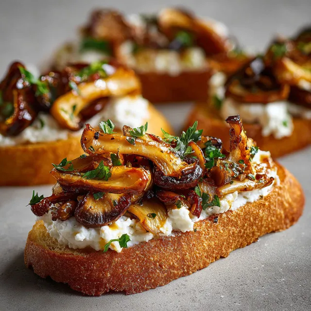 Crostinis aux champignons marinés et feta pour un apéro gourmand.