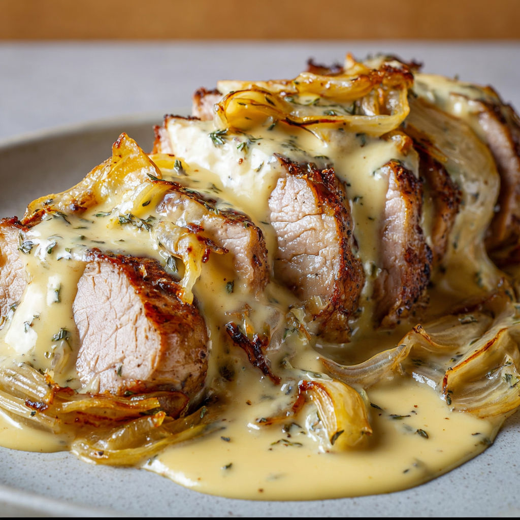 Filet mignon nappé d’une sauce reblochon avec des oignons caramélisés.