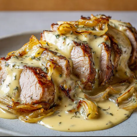 Filet mignon nappé d’une sauce reblochon avec des oignons caramélisés.