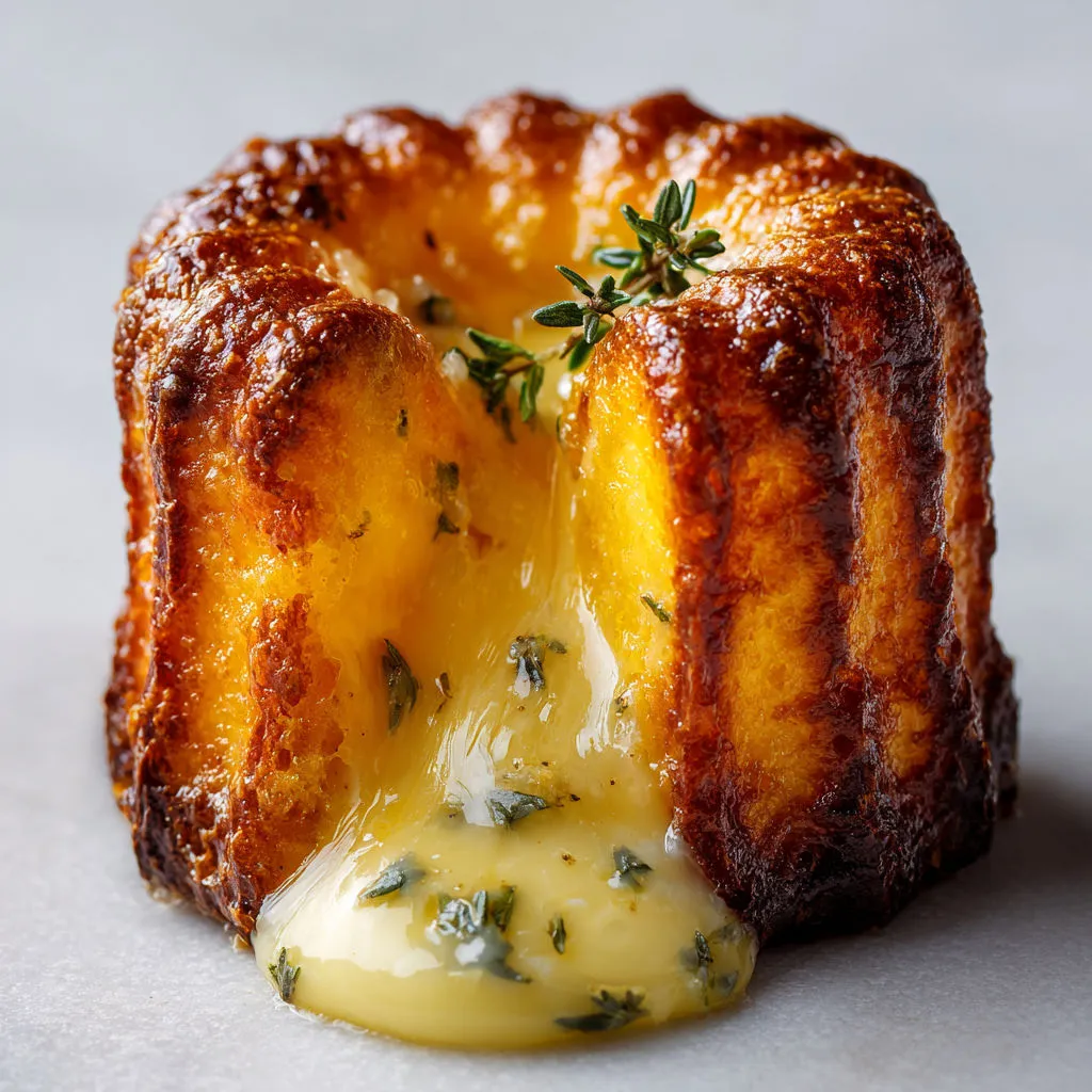 Délicieux cannelés croustillants, comté fondant et thym frais maison.