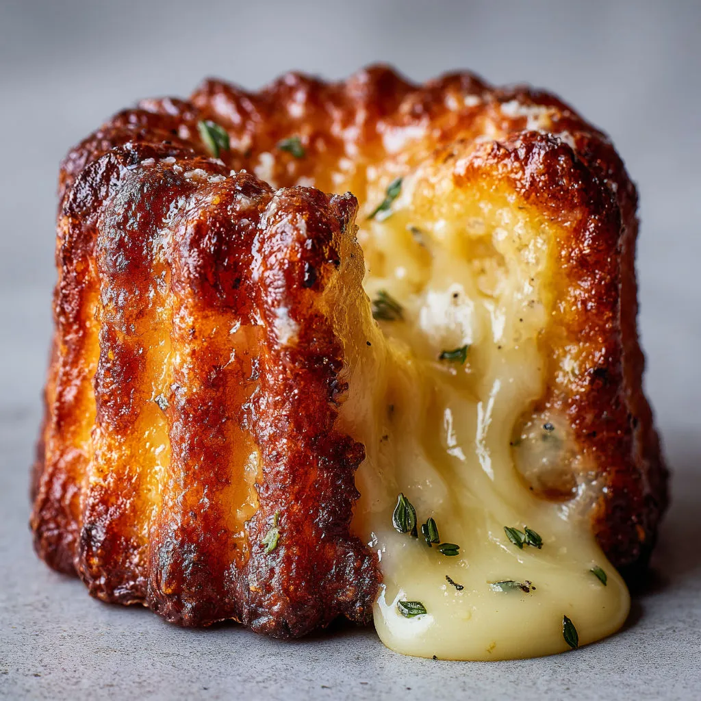 Petits cannelés salés au parmesan et thym, cœur tendre de comté.